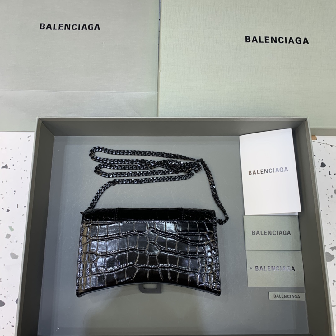 Balenciaga Small Hourglass Wallet With Chain Crocodile Embossed Shoulder Bag Black